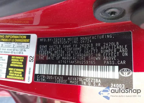 2024 Toyota Camry Se из США, поврежденный, VIN 4T1G11AK5RU259165